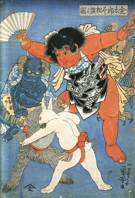 Kintarō che arbitra un incontro di sumo tra lepre e scimmia